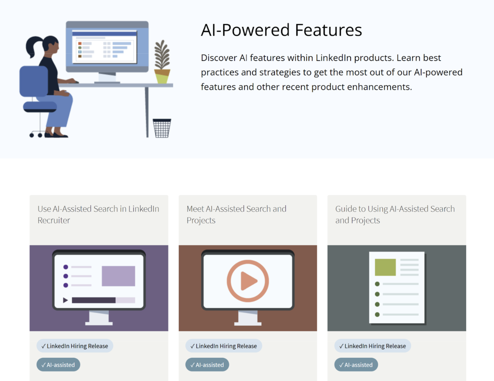 A screenshot shows a landing page displaying some of LinkedIn’s AI-powered features 